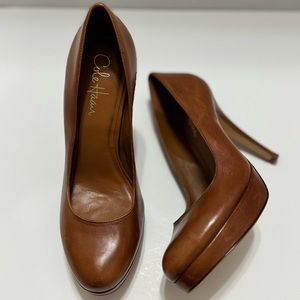 Cole Haan Tan/Cognac Leather Platform Stiletto Nike Air Cushion Pumps EUC